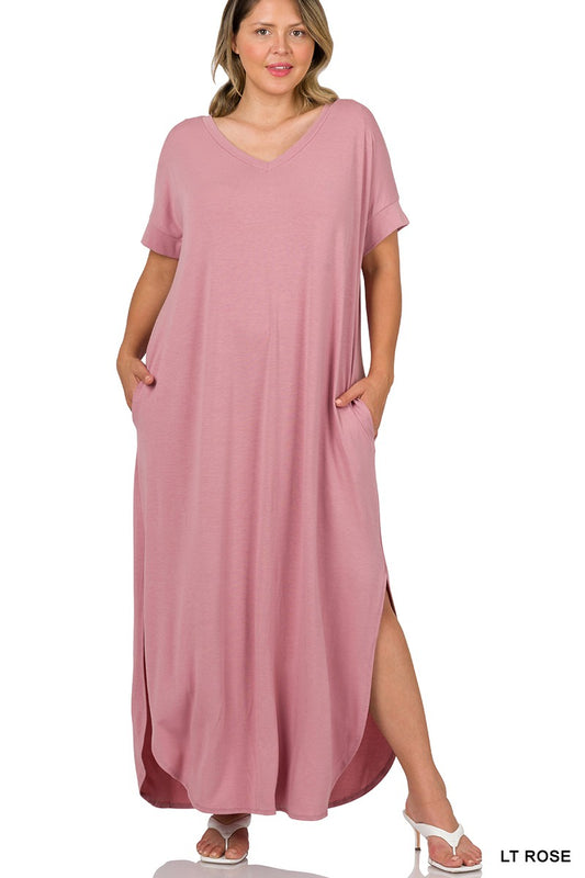 Plus Size Short Sleeve Maxi Dress w/ Pockets and Side Slits