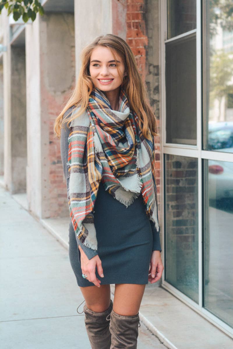 Classic Plaid Blanket Scarf: Gray/Mustard