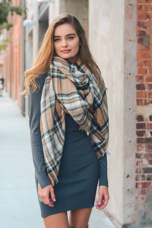 Classic Plaid Blanket Scarf: Beige